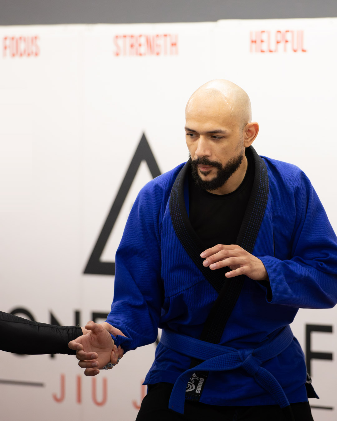 A bald, Caucasian man with a short black beard and goatee wearing a blue martial arts gi works on breaking a wrist grab. A white wall in the background says "Focus", "Strength", and "Helpful" with the Lone Wolf Jiu-Jitsu logo.
